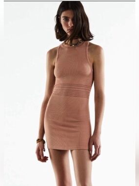 Zara Limitless Contour Sleeveless Knit Bodycon Mini Dress in Sand